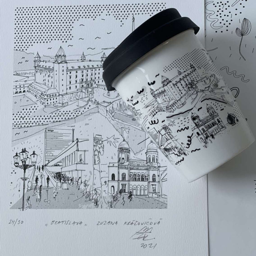Ilustrácia Bratislavy - porcelánová cestovná šálka 1